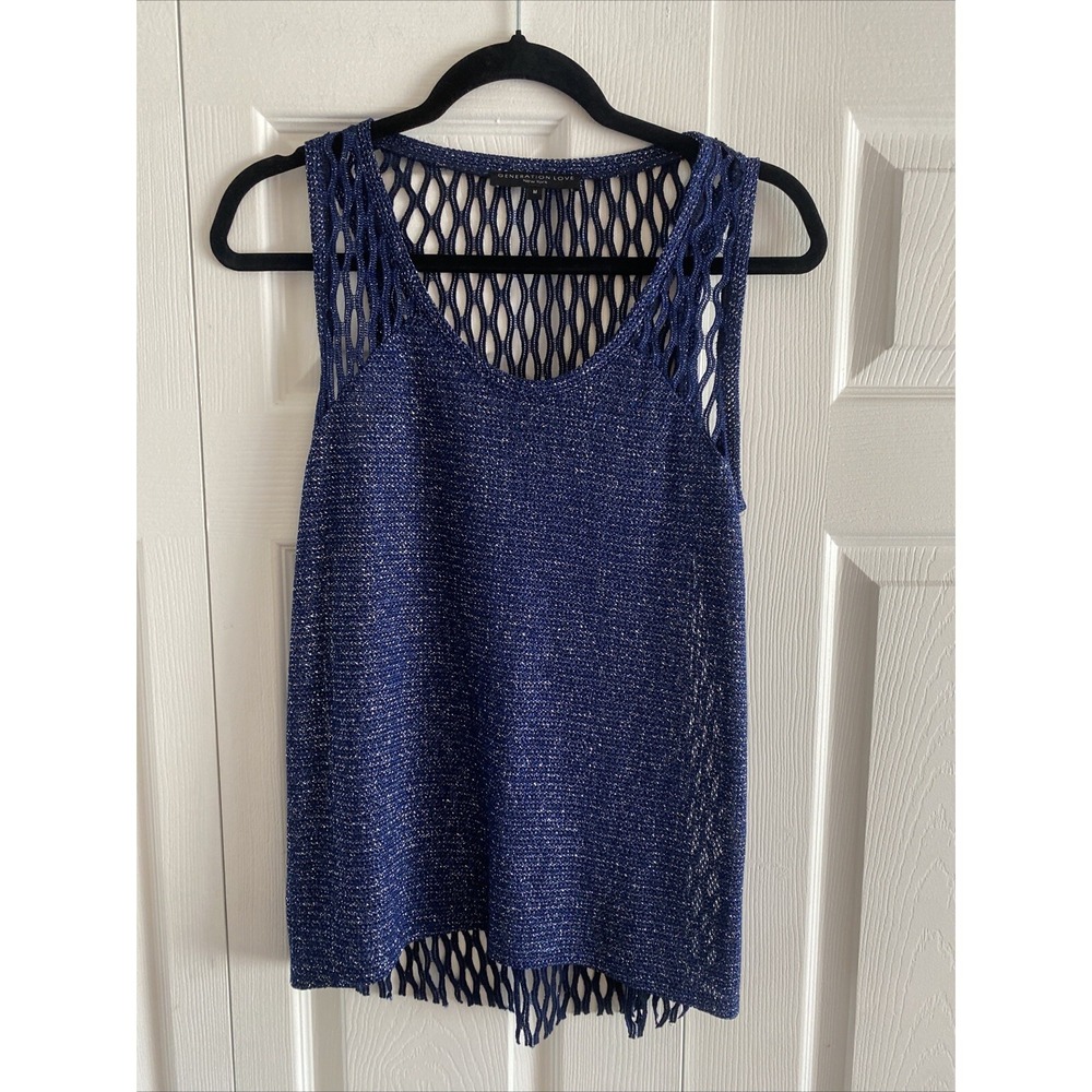 Generation Love‎ Crochet Back Metallic Tank Womens Size M Blue Lurex Fringe Boho